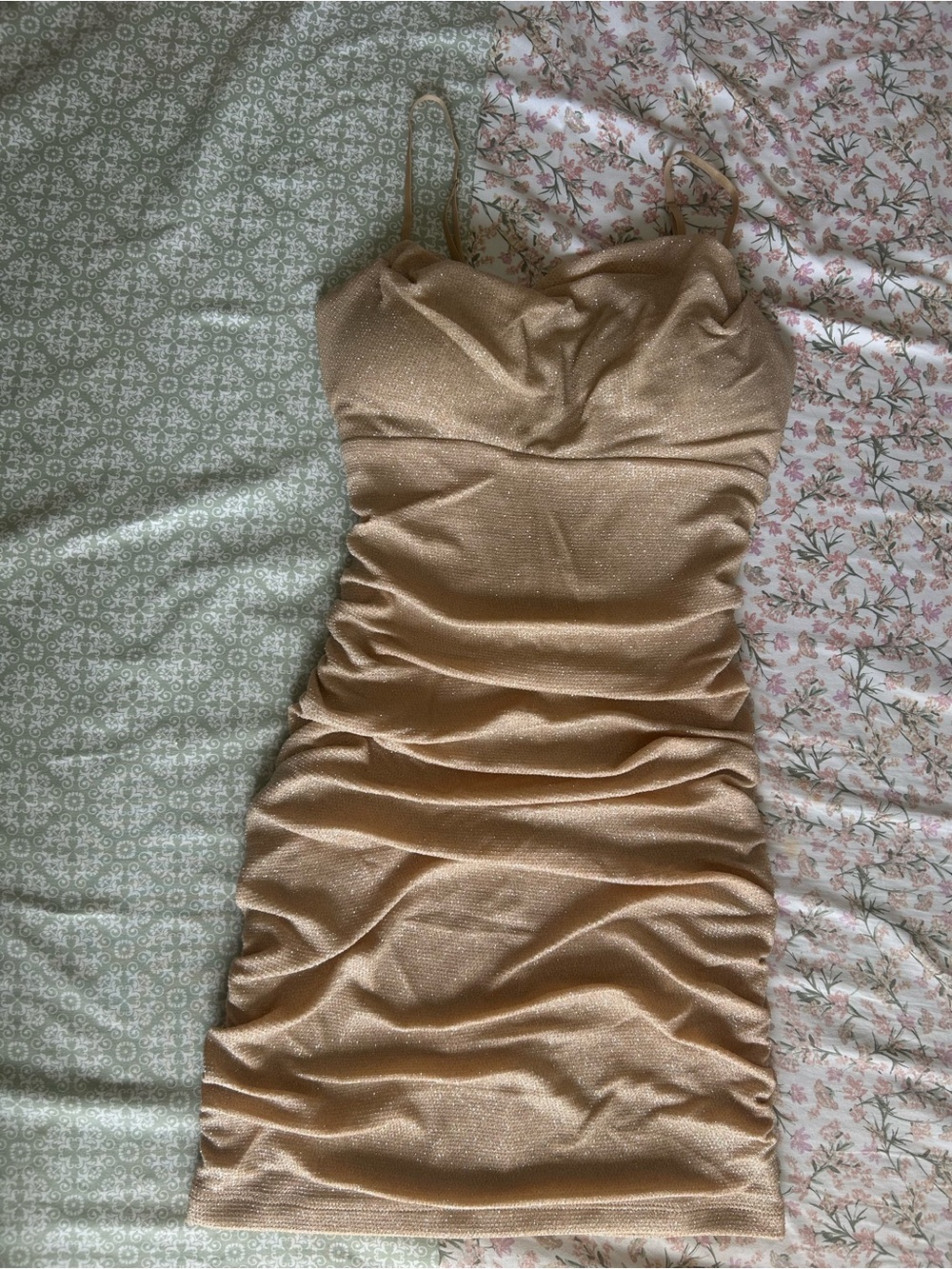 Emerald Sundae Shimmery Gold Ruched Bodycon Dress